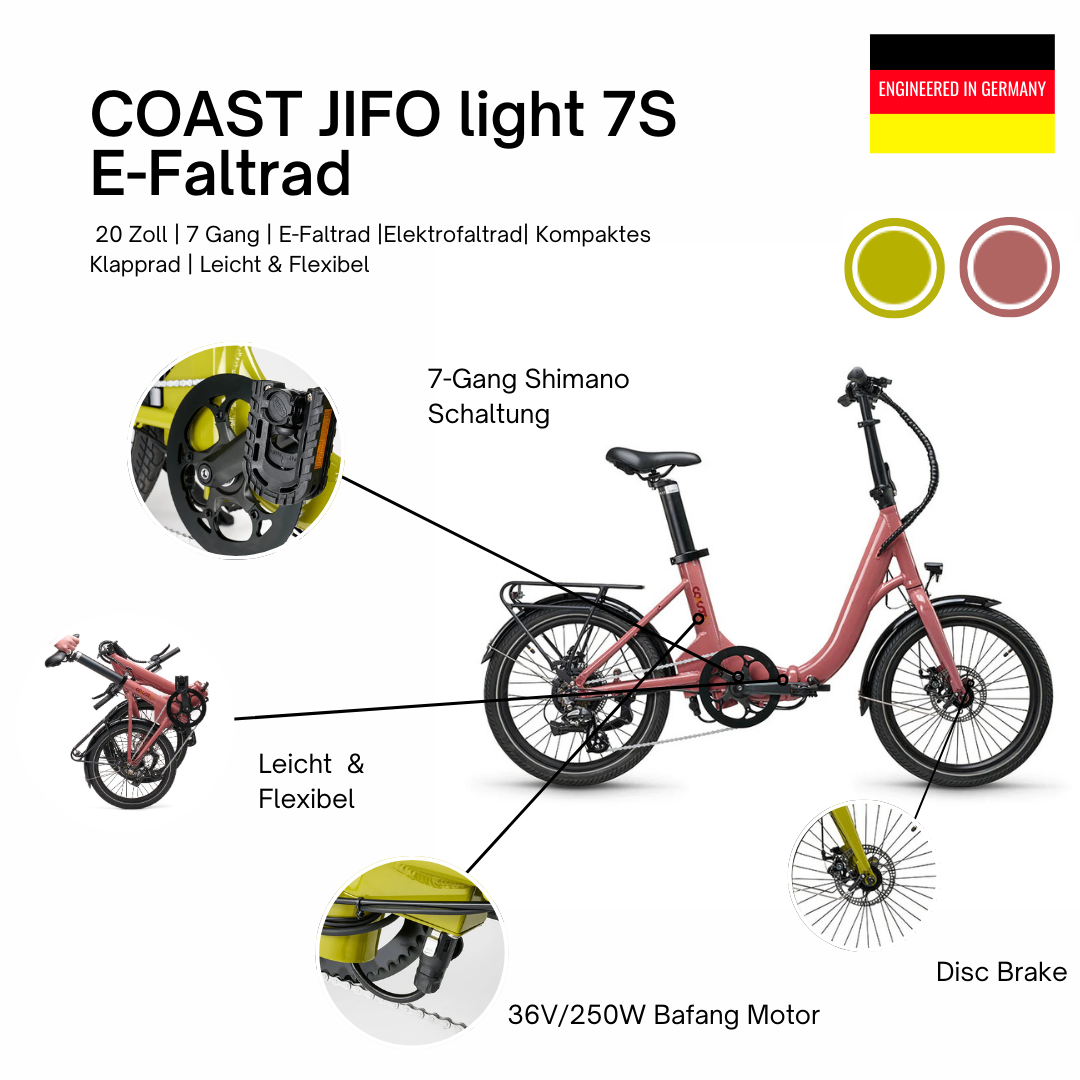 Ein rosa-gelbes Faltrad. Merkmale: 20 Zoll, 7 Gänge, 36V/250W Bafang-Motor, Scheibenbremse.
