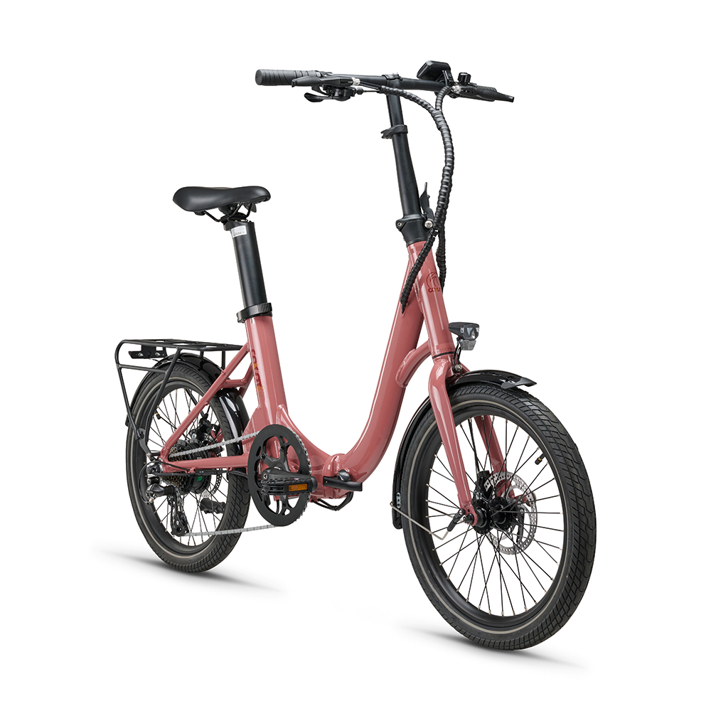 Ein rosa Elektro-Klappfahrrad. Es befindet sich auf weißem Hintergrund. Der Sattel ist schwarz.