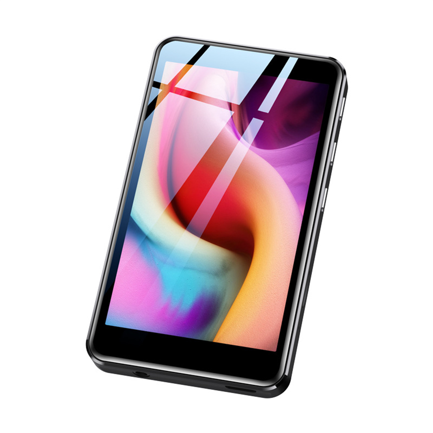 Ein schwarzes Smartphone mit einem Bildschirm, der ein abstraktes Bild zeigt.