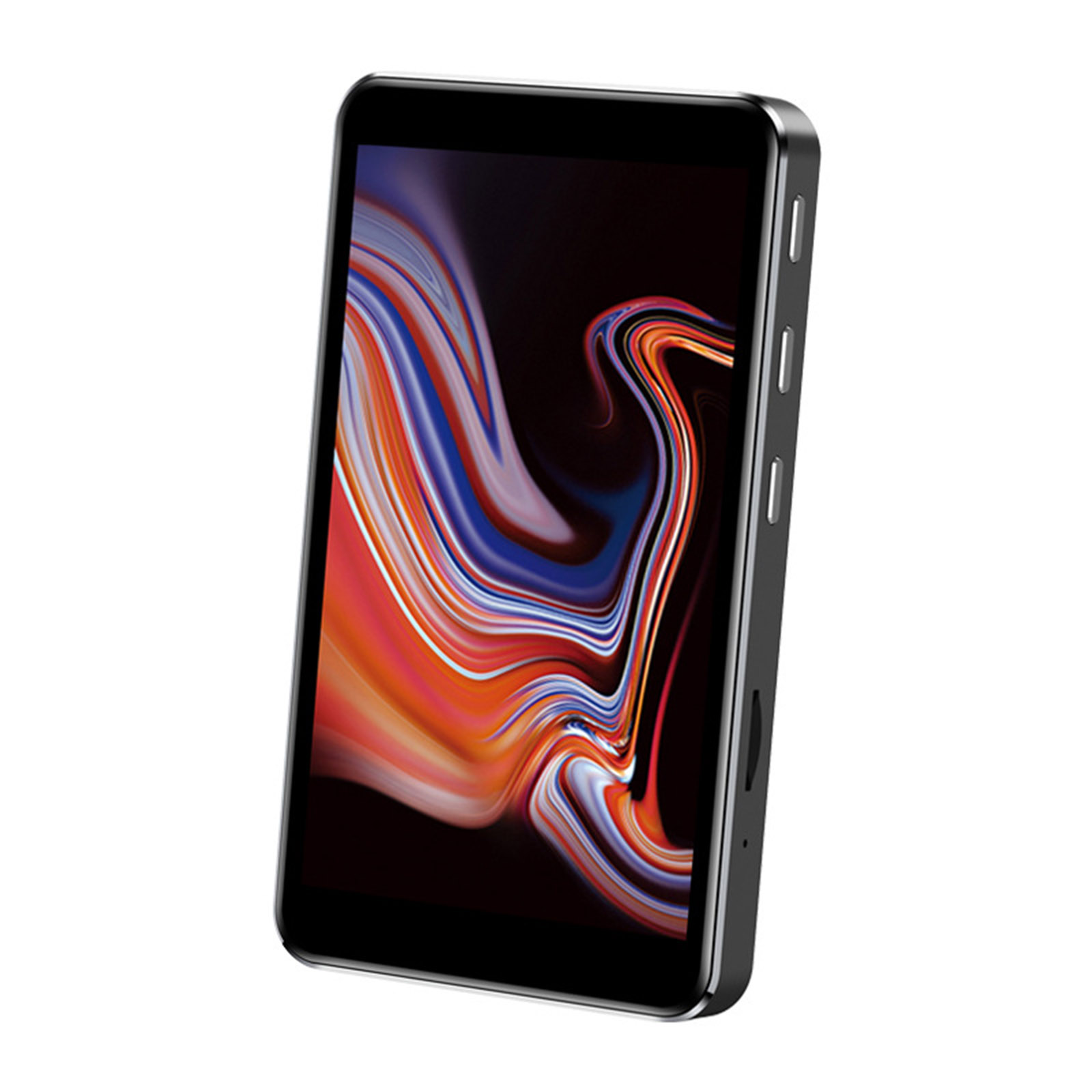 Ein schwarzes Smartphone mit geschwungenem Design, leicht angewinkelt vor dunklem Hintergrund mit Wirbel.