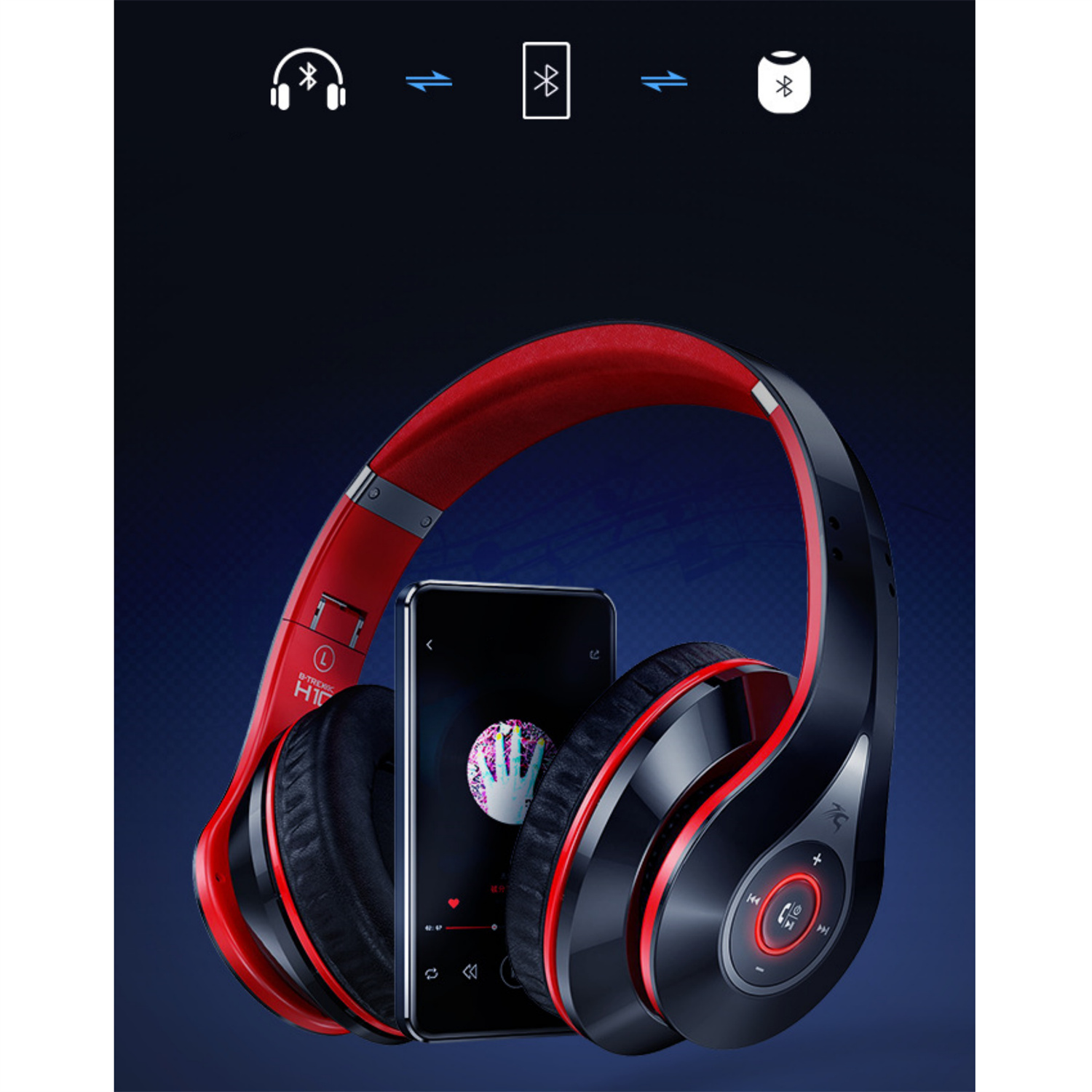 Schwarze und rote Kopfhörer mit Telefon, das Musik zeigt. Bluetooth-Icons sind zu sehen.