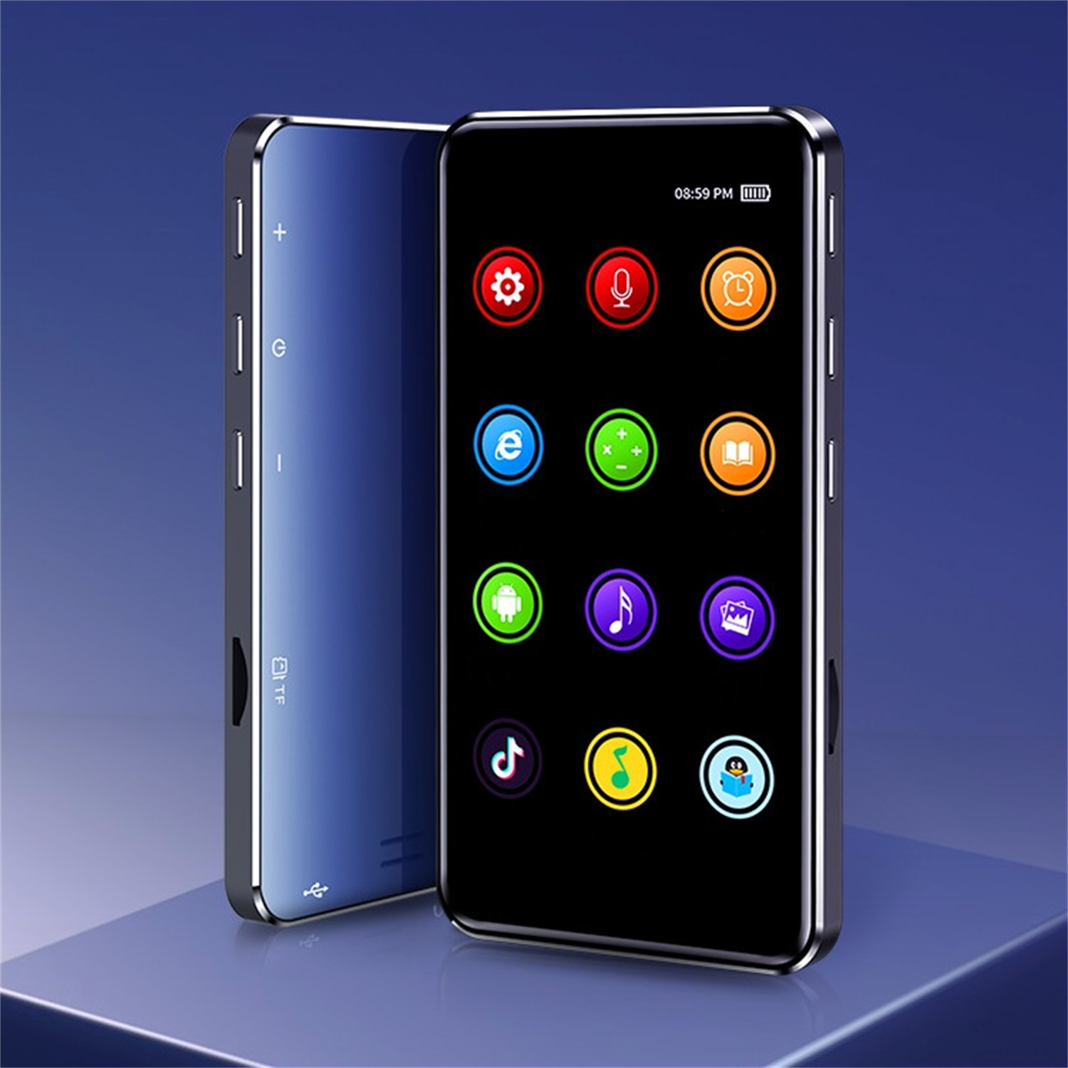 Ein schwarzer tragbarer Mediaplayer mit farbenfroher Touchscreen-Oberfläche. Symbole für verschiedene Apps sind sichtbar.