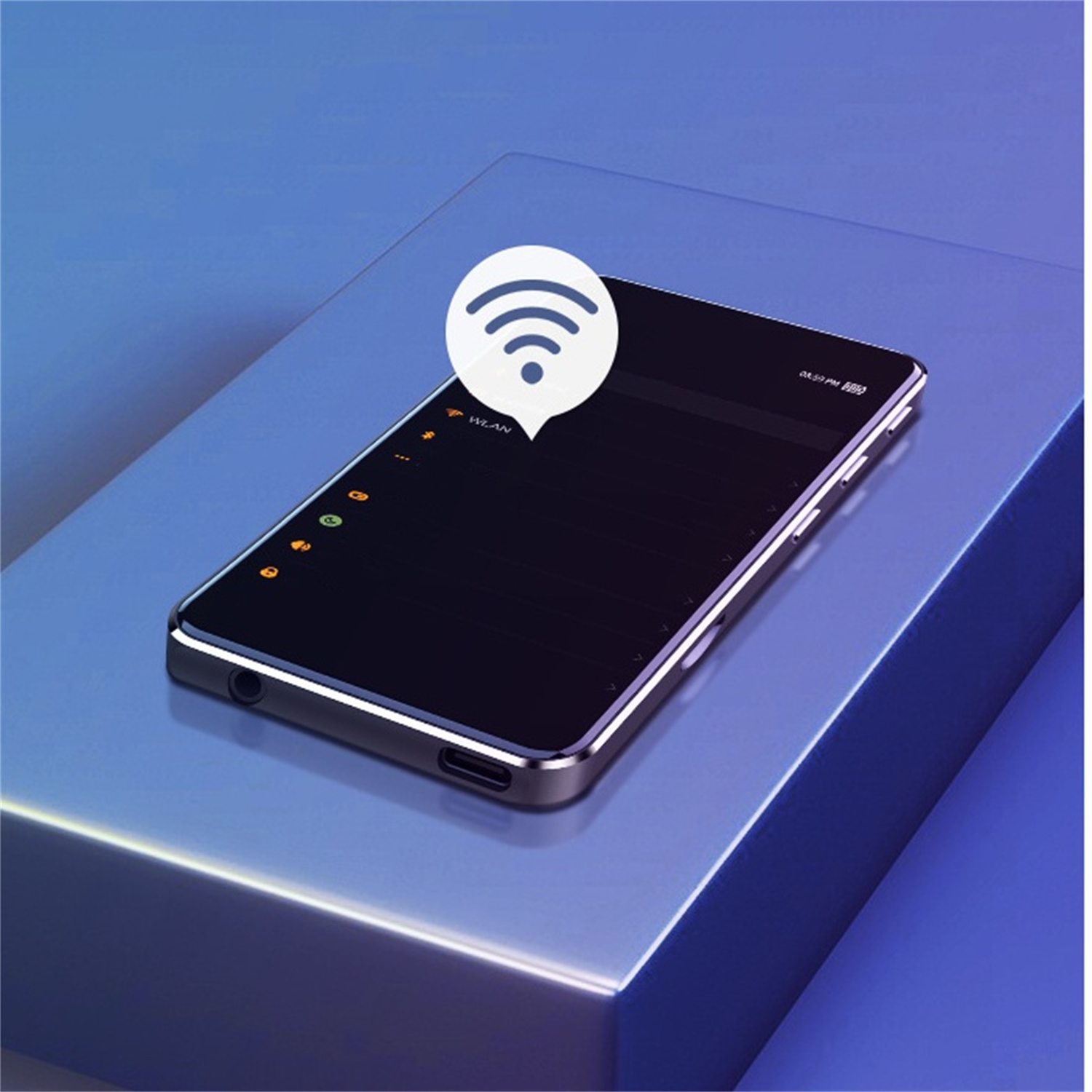 Schwarzes Smartphone auf blauer Oberfläche mit WLAN-Symbol. Der Bildschirm zeigt eine Oberfläche an.
