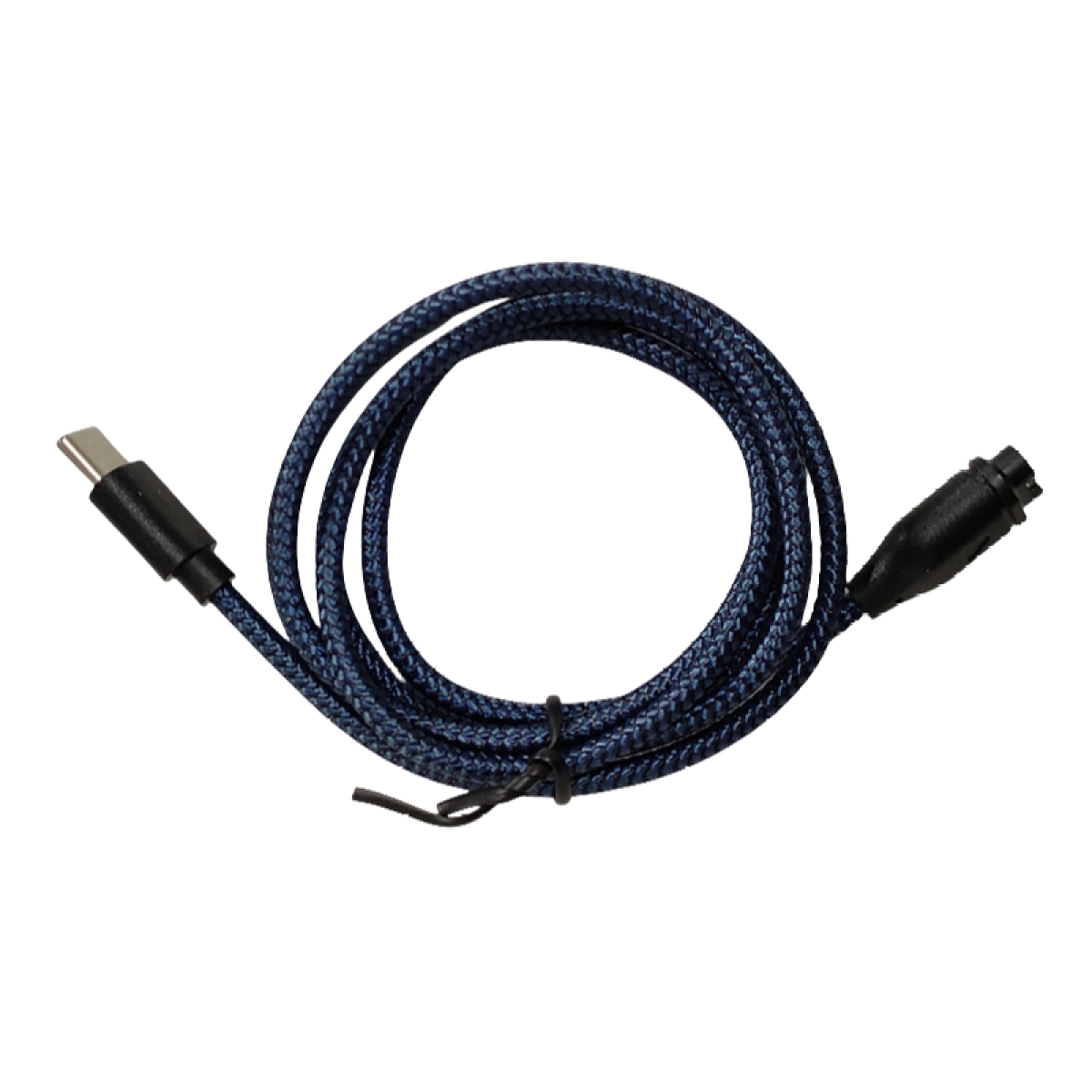 Ein USB-C-zu-5-Pin-Kabel mit blauem geflochtenem Design, schwarzen Steckern und einem schwarzen Kabelbinder.