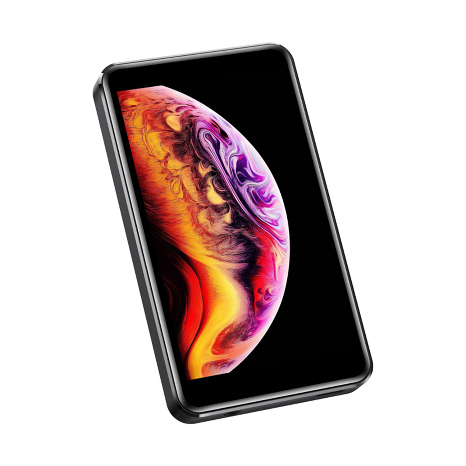 Ein Smartphone mit schwarzem Rahmen, das ein farbenfrohes, wirbelndes abstraktes Bild anzeigt.