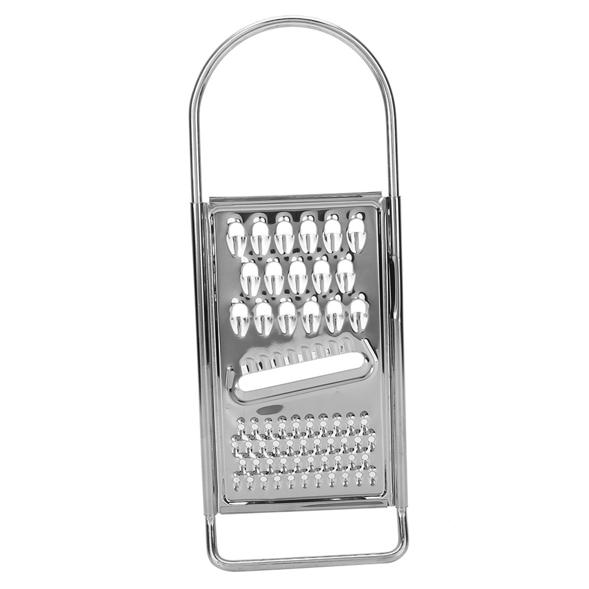 Ein Edelstahl-Reibeisen mit Griff. Es hat ein rechteckiges Design mit Reibeflächen.