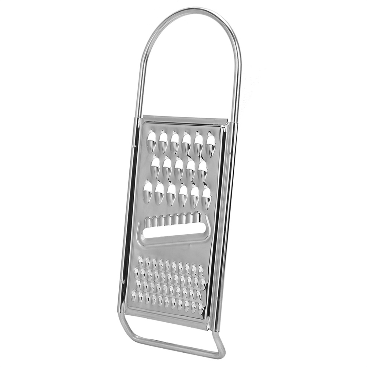 Glänzende Metallreibe mit Griff. Vertikales Design, mit Löchern zum Reiben und einem Rahmen.