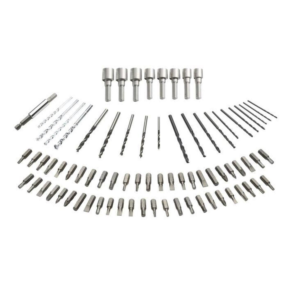 Zestaw wierteł i bitów do wkrętaków ułożonych na białej powierzchni.