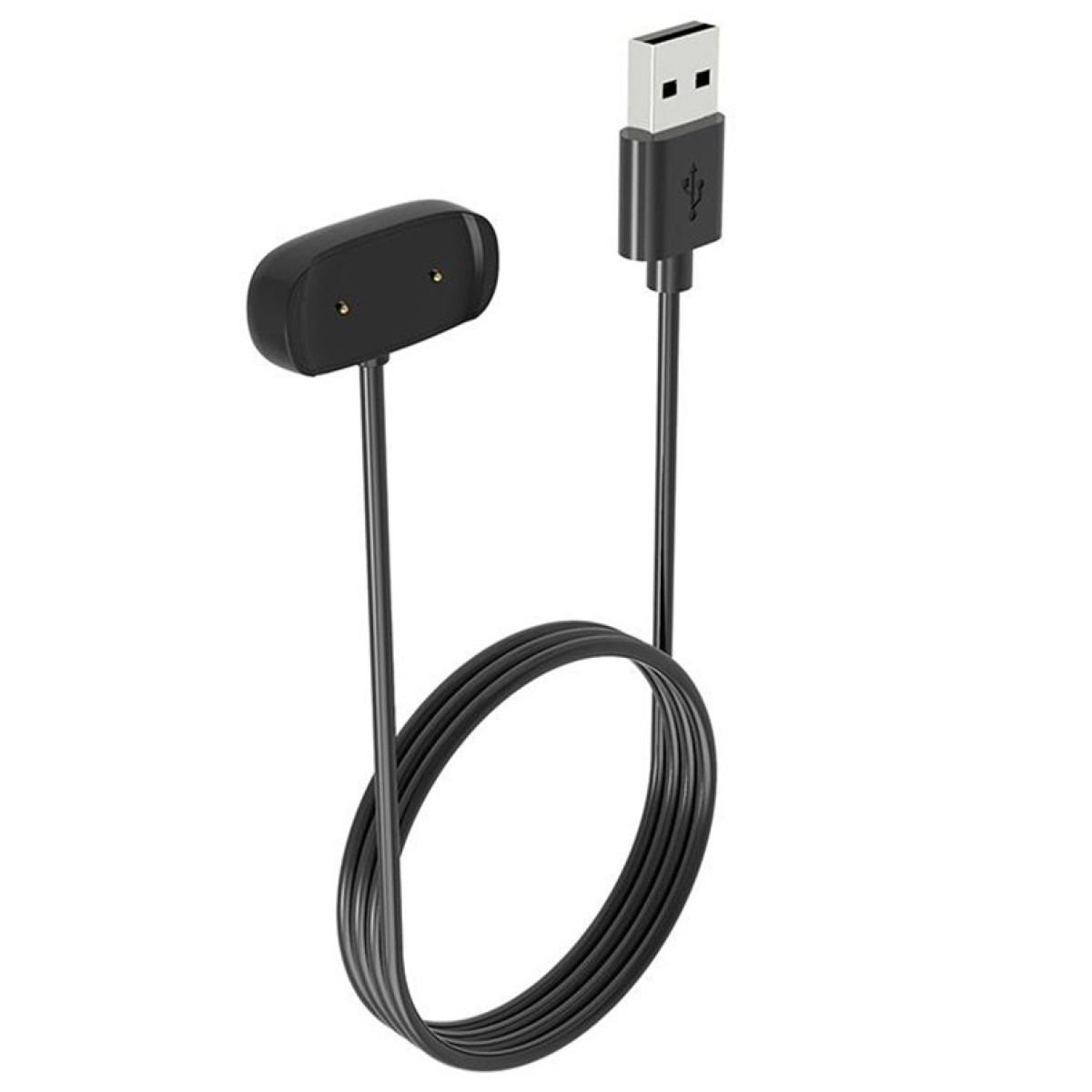 Zwarte USB-oplaadkabel met magnetische oplaadkop en USB-connector.
