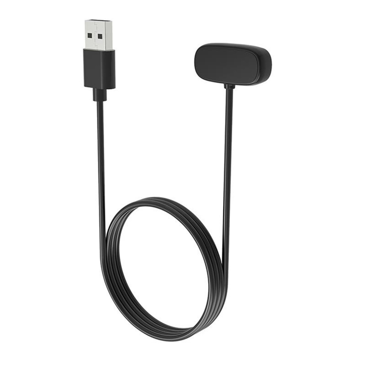 Een zwarte oplaadkabel voor een apparaat. De kabel is opgerold en heeft een USB-connector.