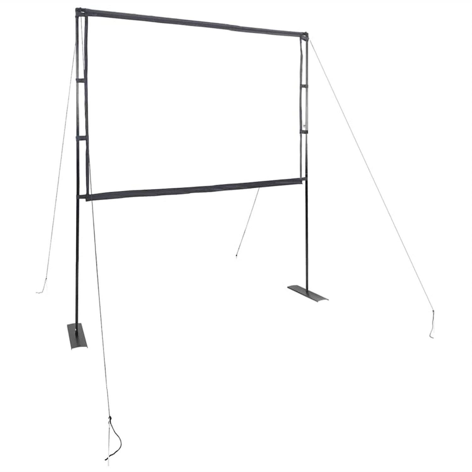 Eine tragbare Outdoor-Projektionsleinwand mit schwarzem Bildschirm und schwarzem Rahmen mit Stützbeinen.
