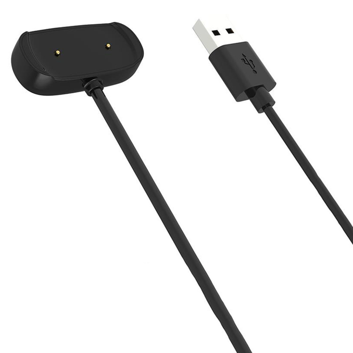 Een zwarte oplaadkabel voor een draagbaar apparaat, met een USB-uiteinde en een oplaadstation.