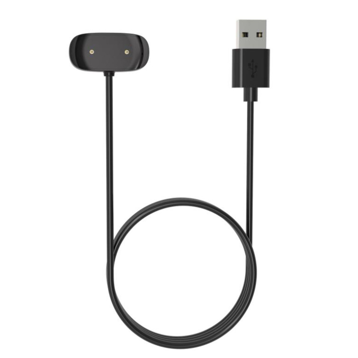 Zwarte smartwatch-oplaadkabel. USB aan één kant, oplaadstation aan de andere kant.