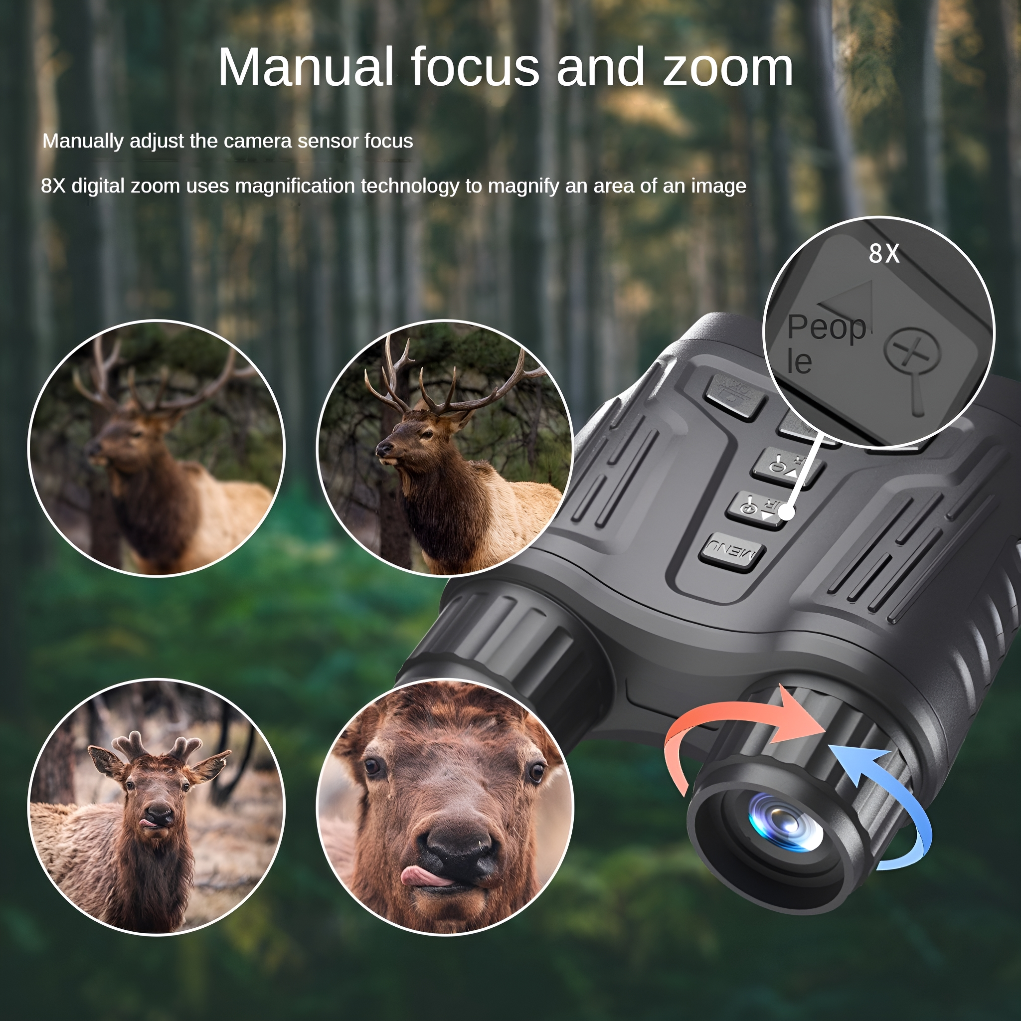 Schwarzes Fernglas mit Zoomfunktion und Hirschbildern. Fokus- und Zoomoptionen hervorgehoben.