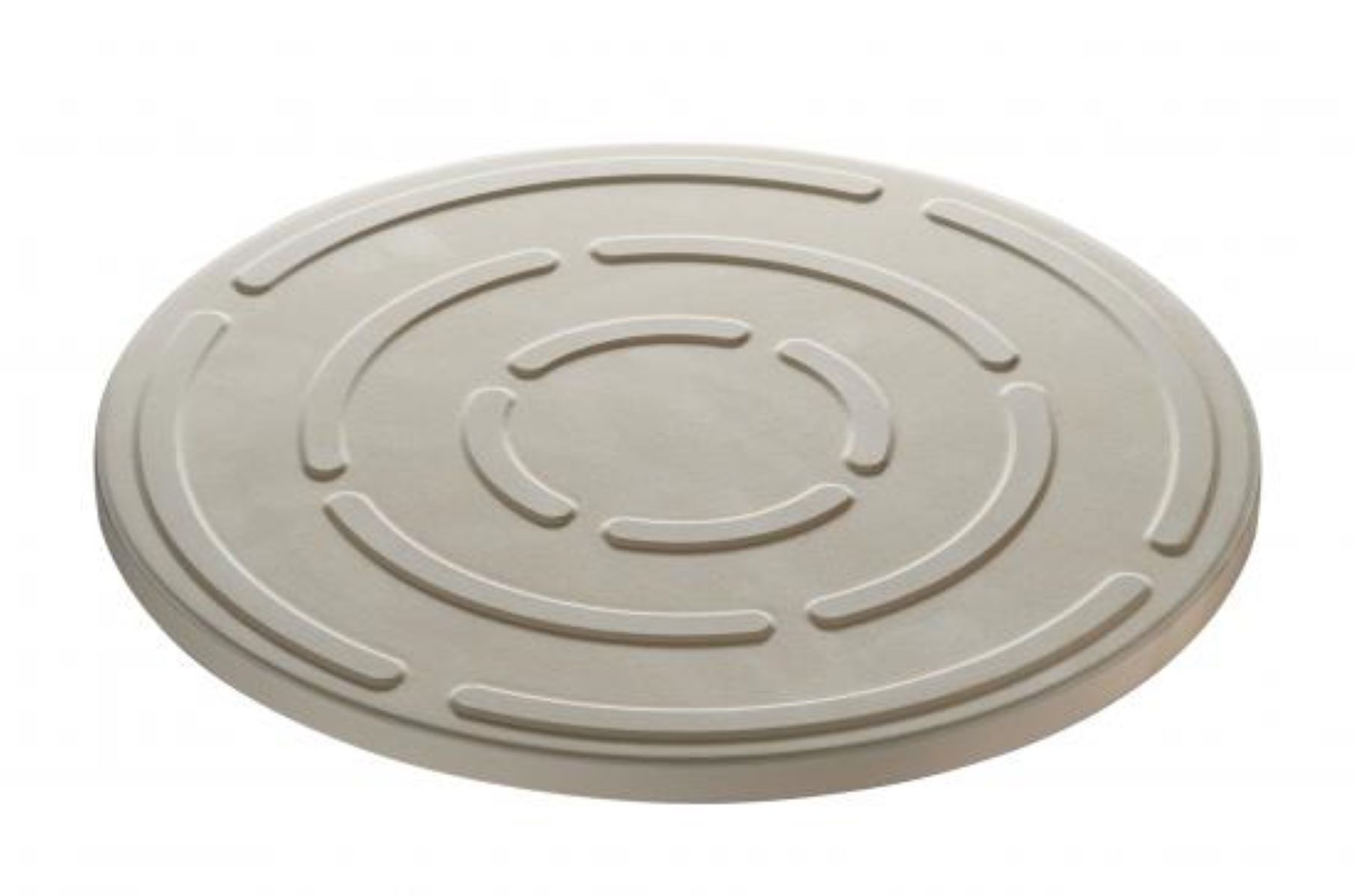 Ein rundes, beige-farbenes Objekt mit konzentrischen Kreisen und Rillen. Es ist wahrscheinlich ein Deckel.