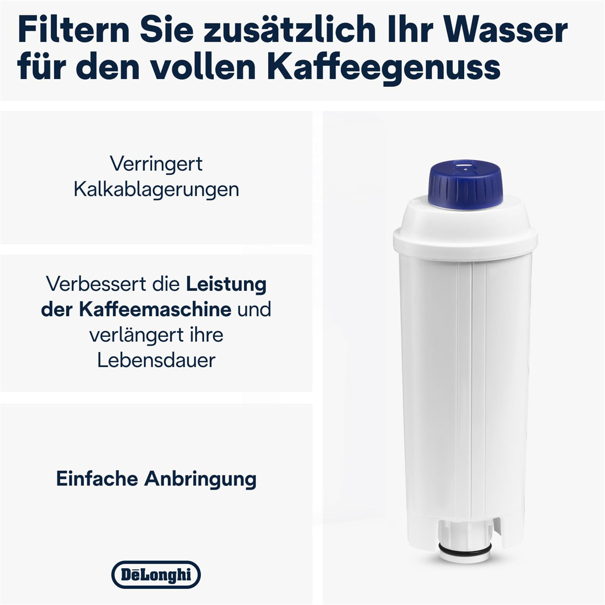 Weißer Wasserfilter für eine Kaffeemaschine mit Text über Filtern und Kaffeegenuss.