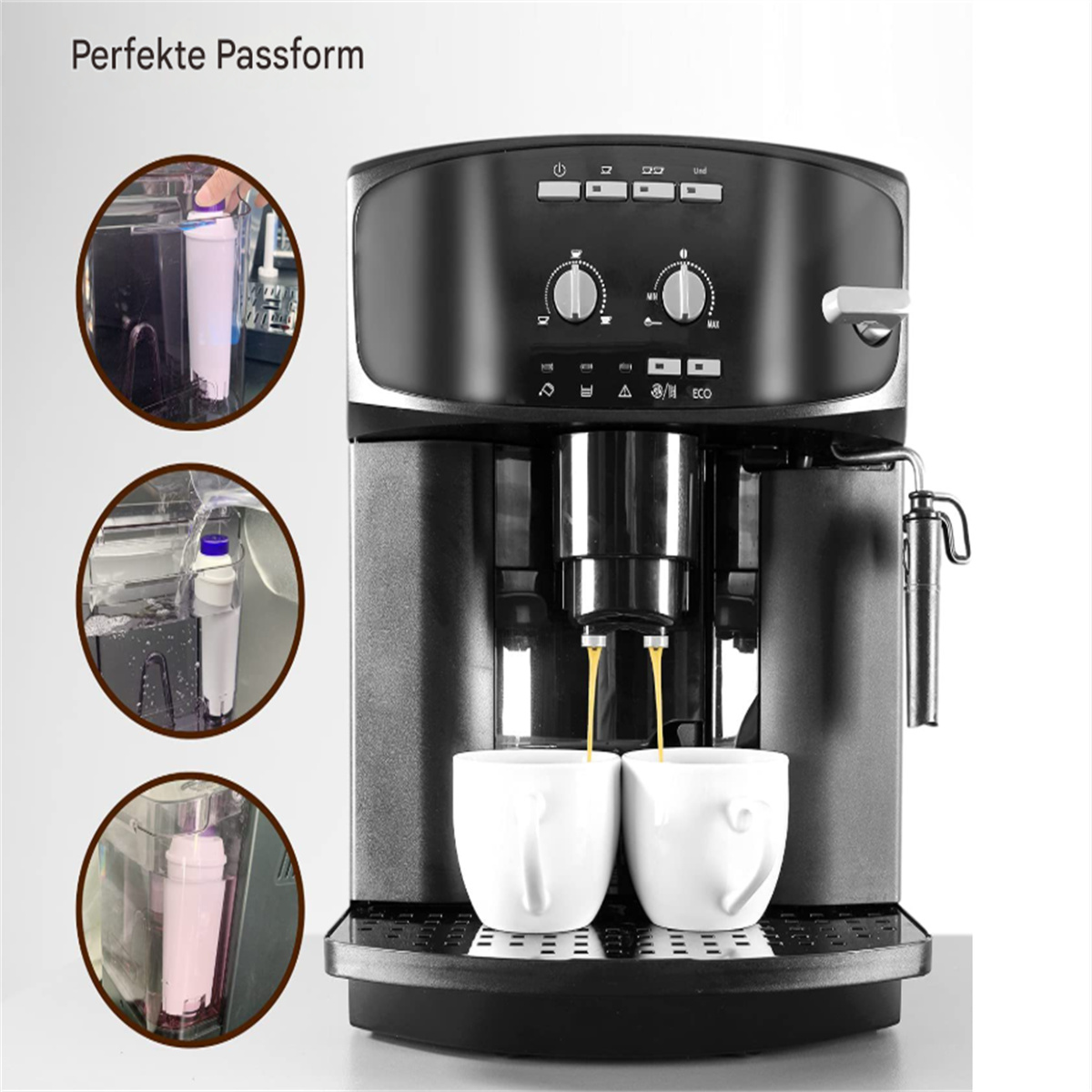 Eine schwarze Kaffeemaschine, zwei Tassen werden befüllt. Drei Einsetzbilder zeigen den Wasserfilter und den Brühvorgang.