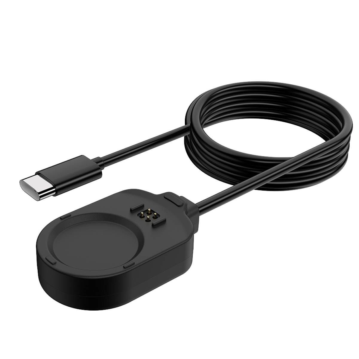 Zwarte smartwatch lader met een USB-C connector en een oplaadstation. Witte achtergrond.