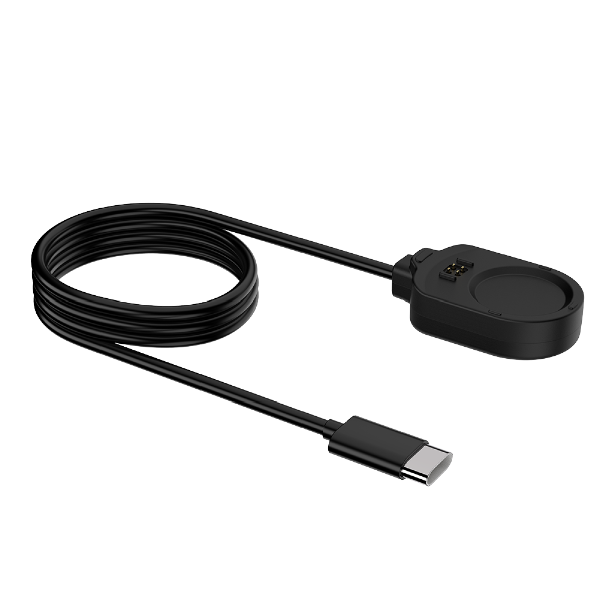 Zwarte oplaadkabel met een USB-C-connector en een oplaadpad.