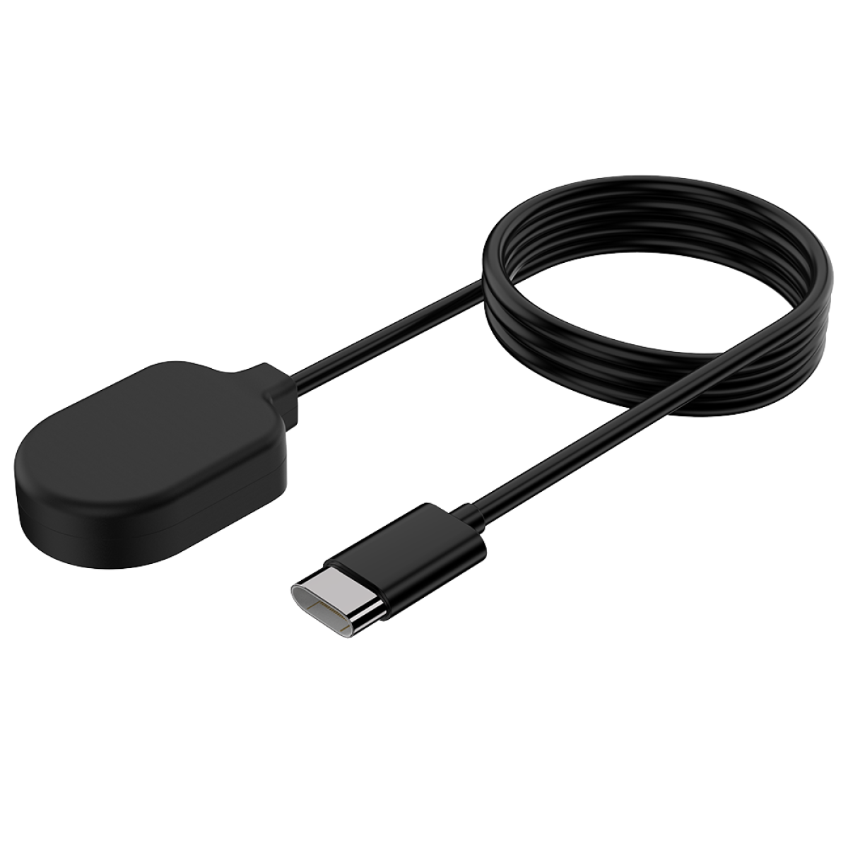 Een zwarte kabel met een connector. De connector is USB-C.