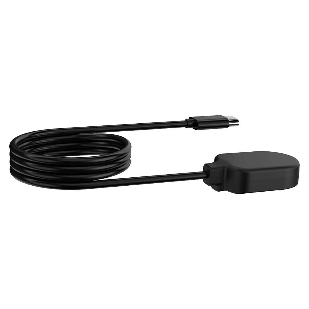 Een zwarte oplaadkabel met aan elk uiteinde een connector.