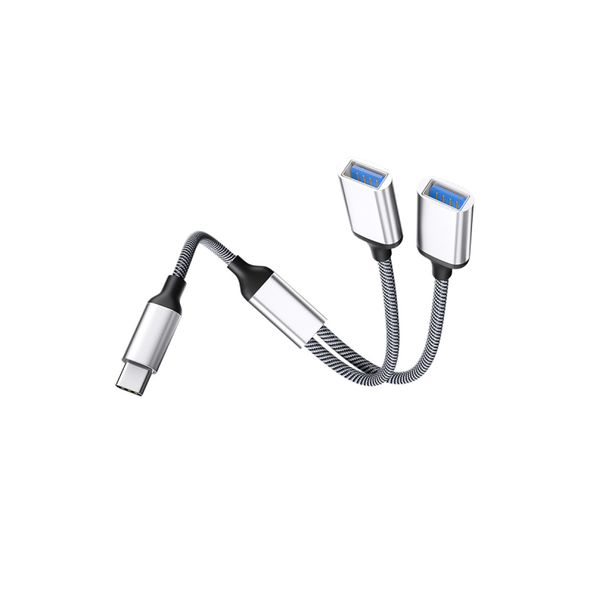 Cavo adattatore da USB a USB-C argento, sfondo bianco.