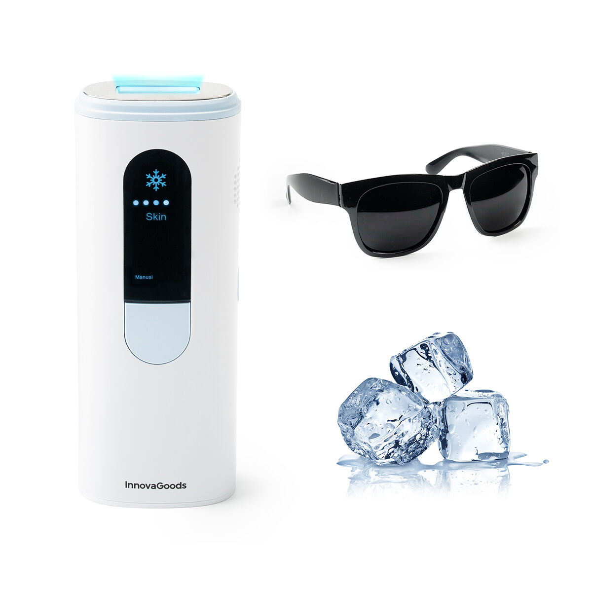 Weißes Hautpflegegerät, Sonnenbrille und Eiswürfel auf weißer Oberfläche.