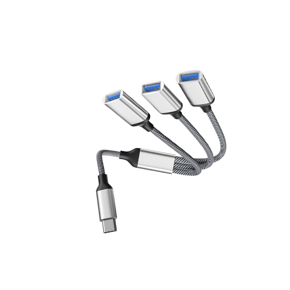 Silberner USB-Hub mit vier Anschlüssen. Drei Anschlüsse oben, einer am Ende.