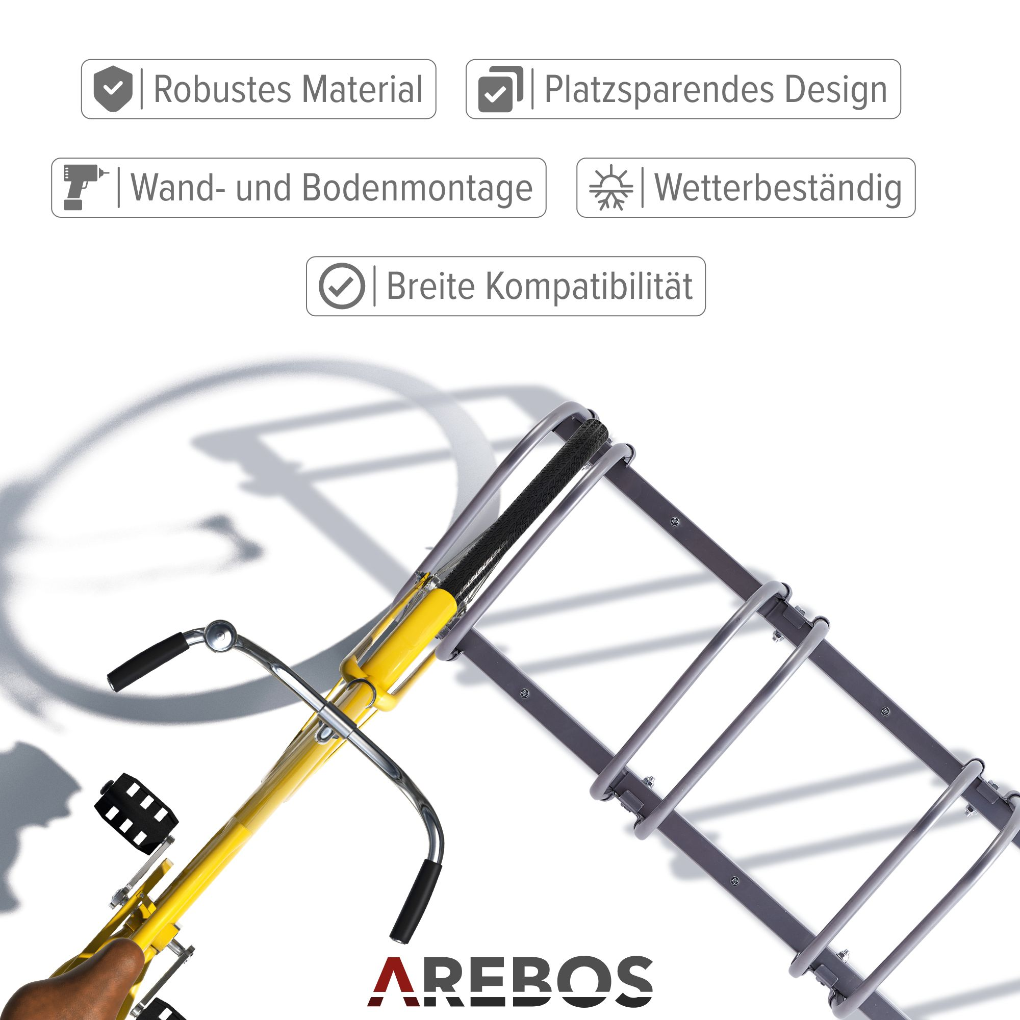 Gelbes Trainingsfahrrad mit grauer leiterartiger Struktur. Icons mit Text im Hintergrund.