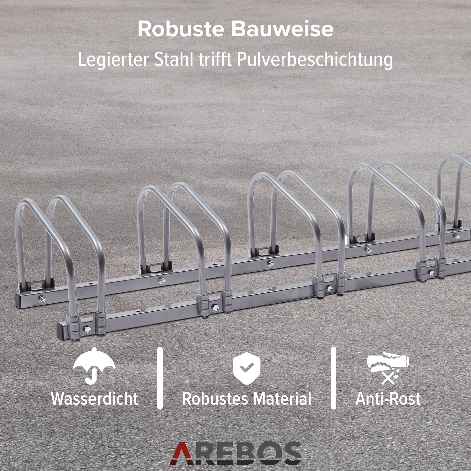 Fahrradständer aus silberfarbenem Metall. Text: Wasserdicht, Robustes Material, Rostschutz. Das AREBOS-Logo ist sichtbar.