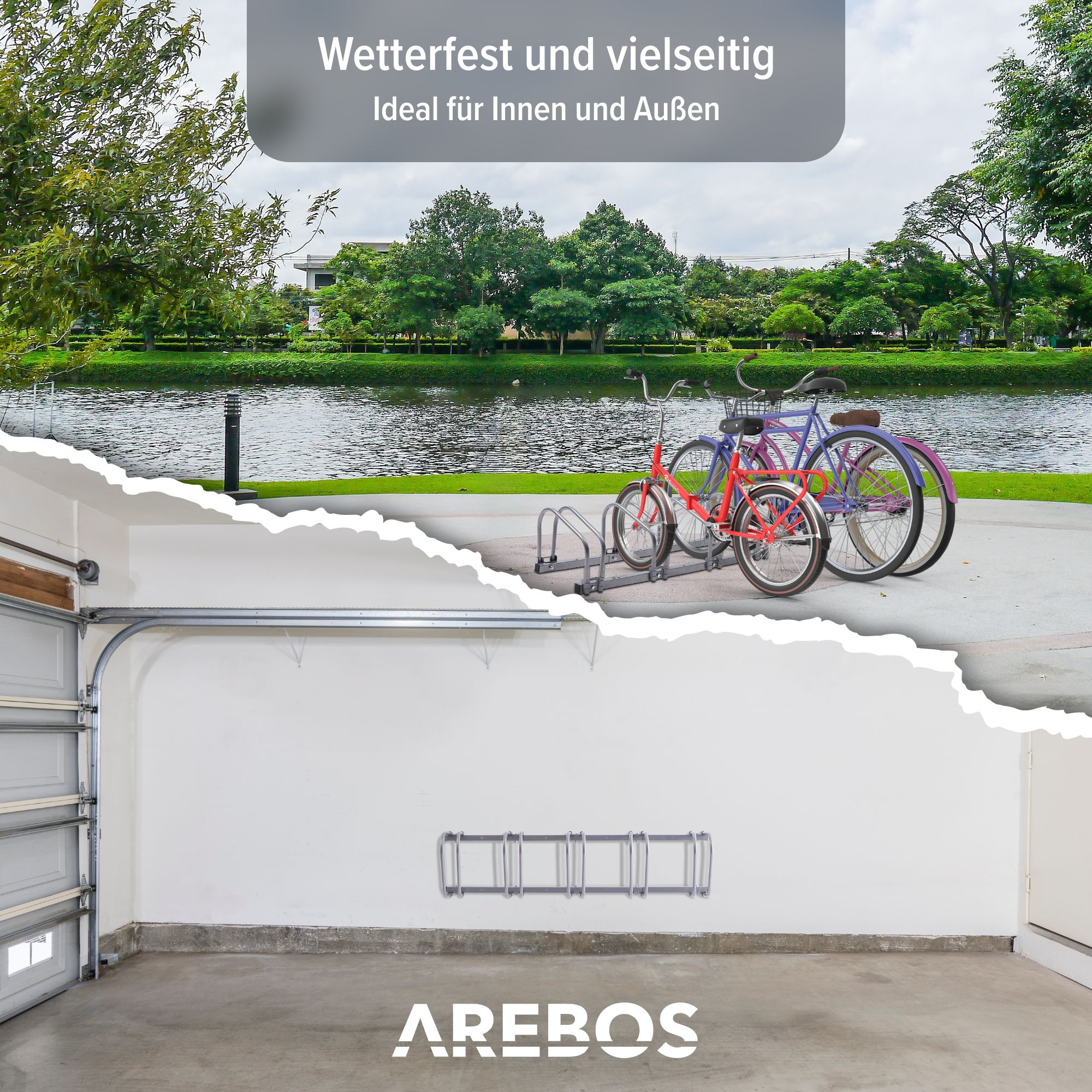 Fahrräder am See geparkt, Garage links, Text: 'Wetterfest und vielseitig'.