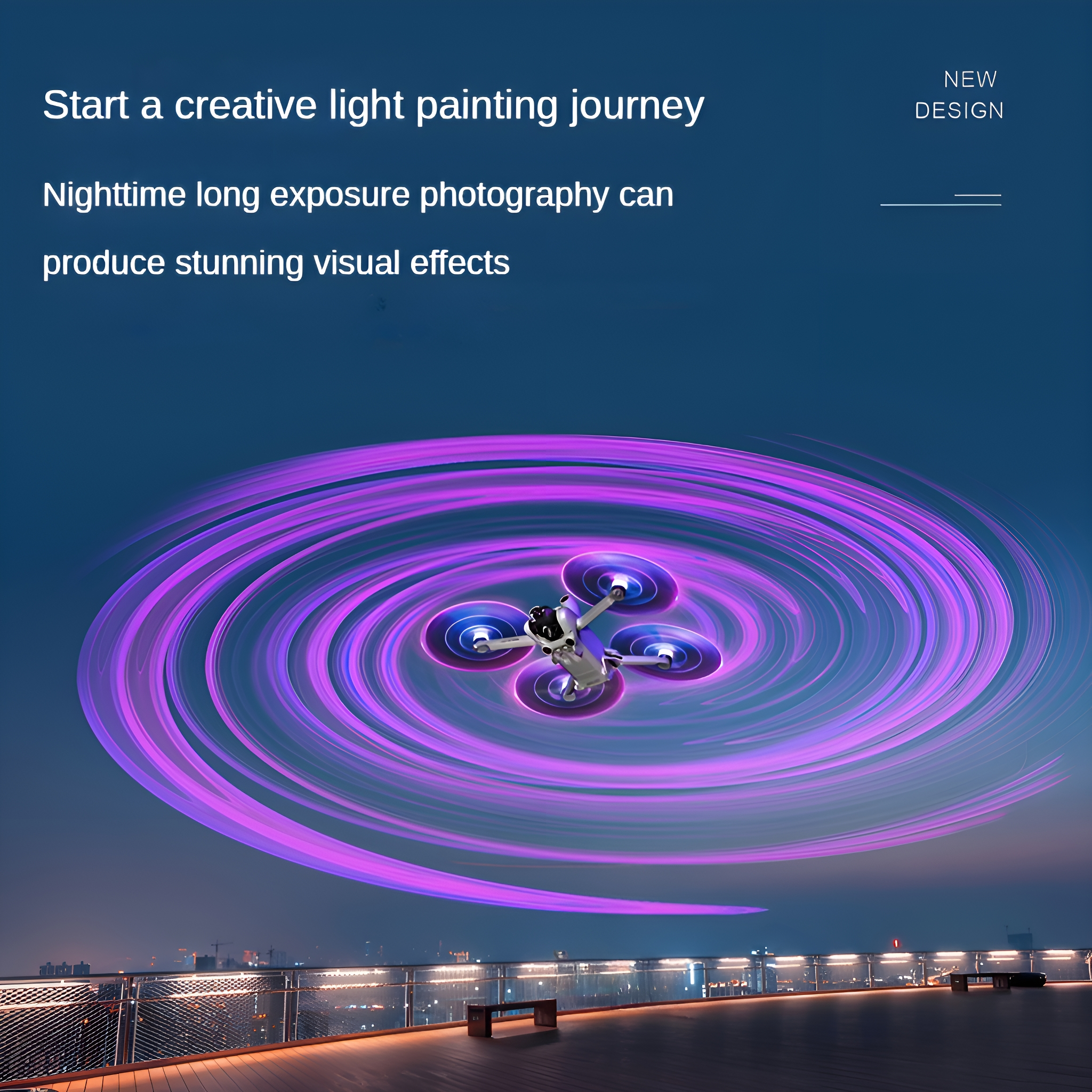 Drohne fliegt nachts mit Lichtspuren, Text über Lichtmalerei-Fotografie, vor blauem Himmel.