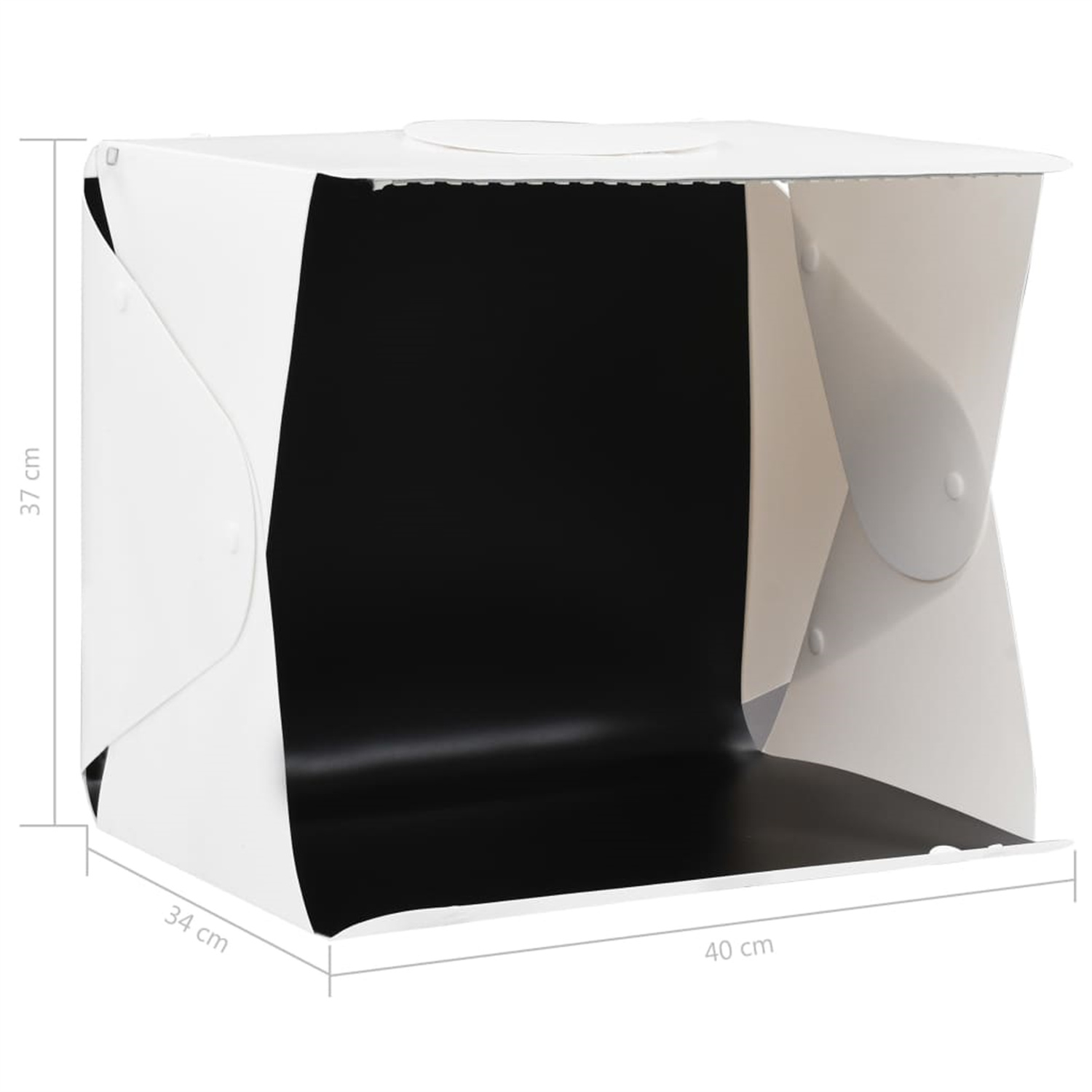 Eine weiße Fotostudiobox, offen und leer, mit Abmessungen in Zentimetern beschriftet.