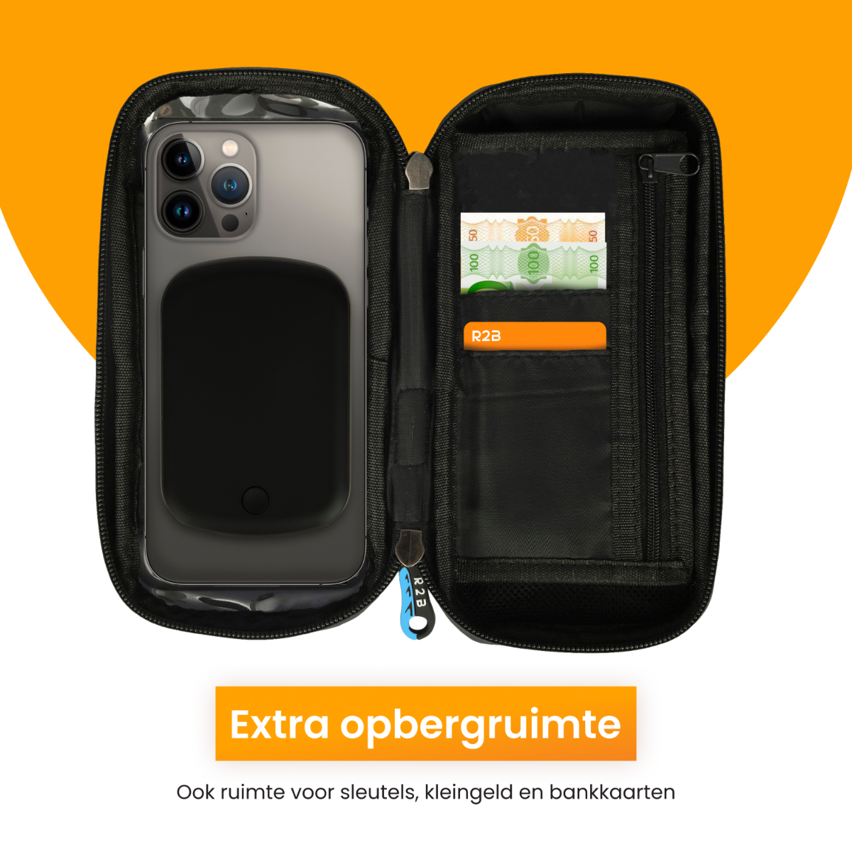 Zwarte telefoonhoes met telefoon en geld erin. Ritsvak met extra opbergruimte, oranje achtergrond.