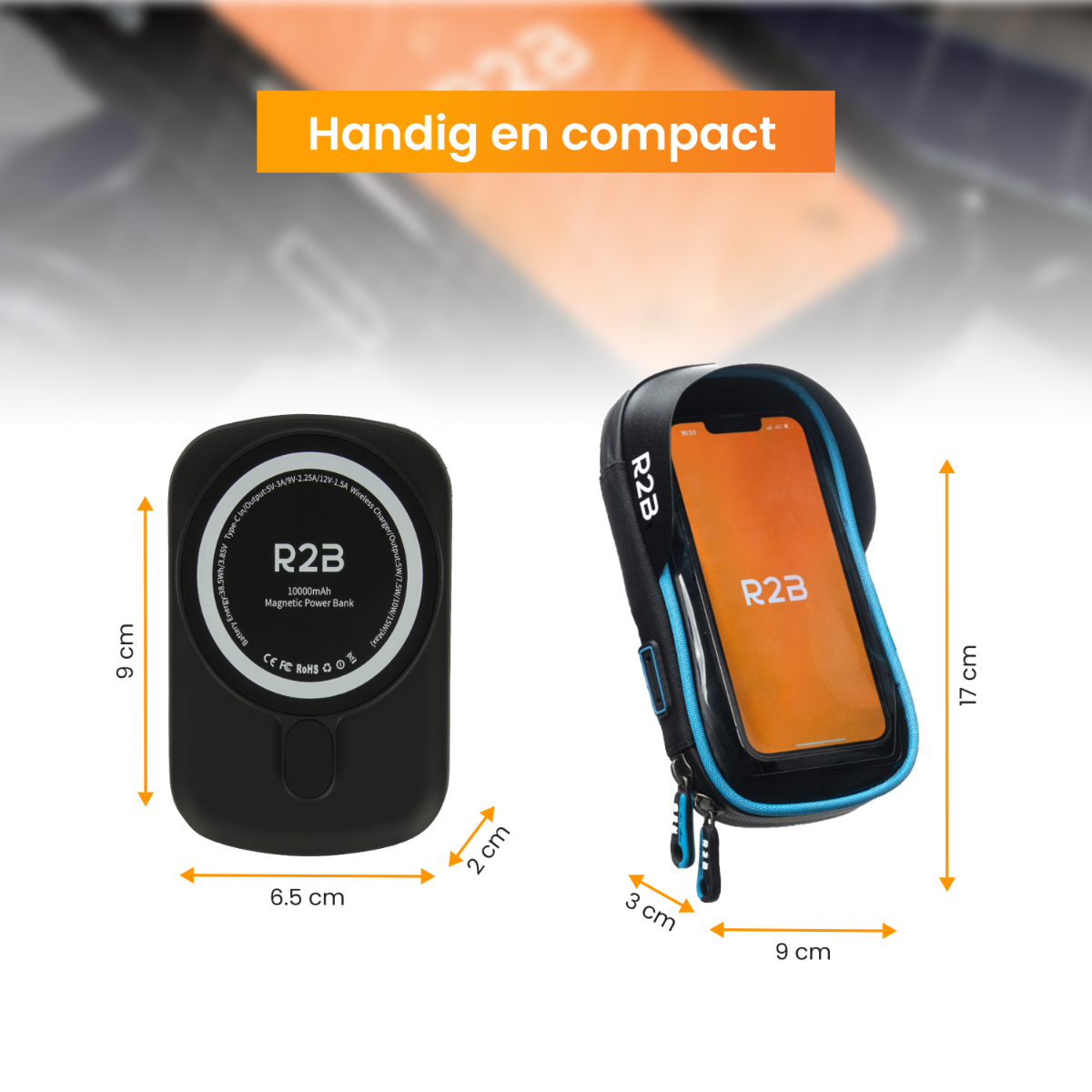 Een zwarte powerbank en een telefoonhoesje met een telefoon erin, met afmetingen gemarkeerd.