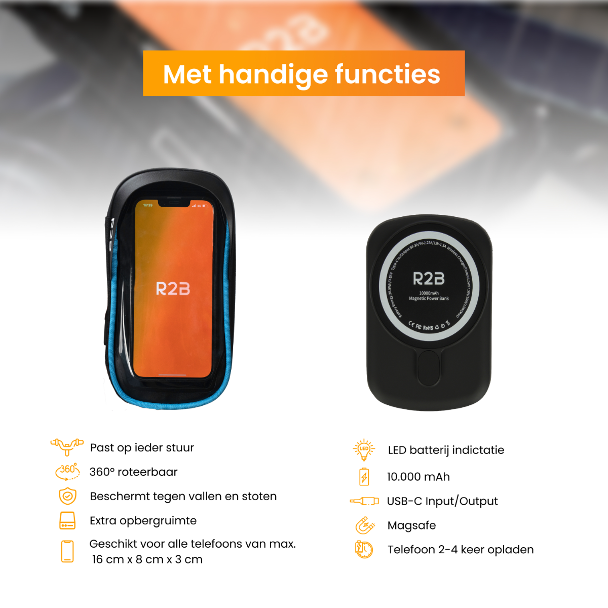 Zwarte telefoonhoes met telefoon en aparte oplader.