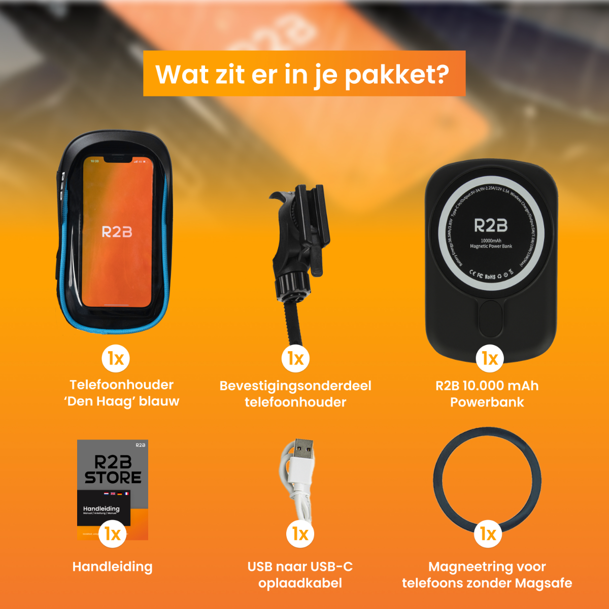 Inhoud van de verpakking: telefoonhouder, oplaadkabel, powerbank en andere accessoires op een oranje oppervlak.