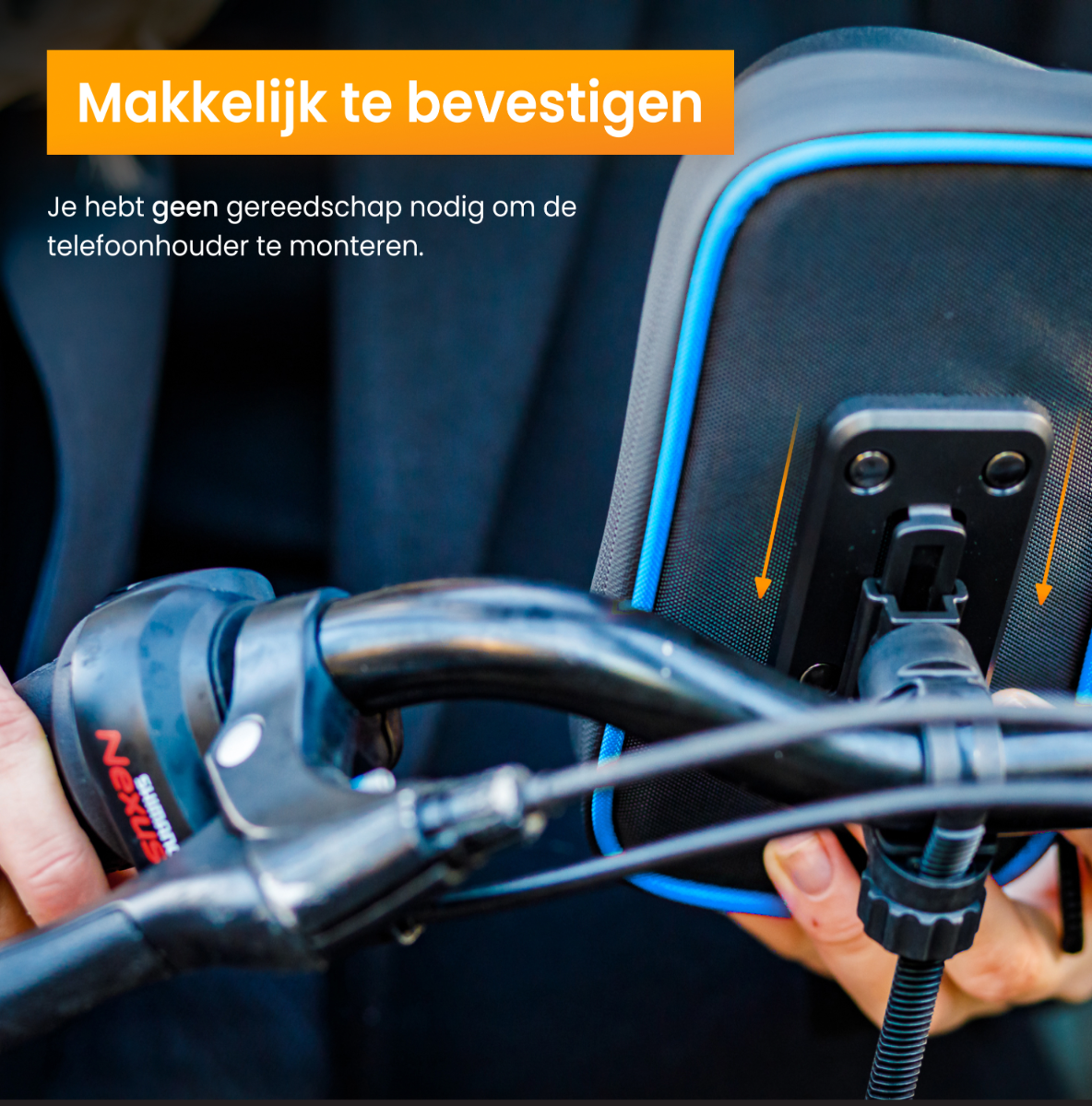 Zwart fietsstuur met telefoonhouder. De houder heeft blauwe accenten.