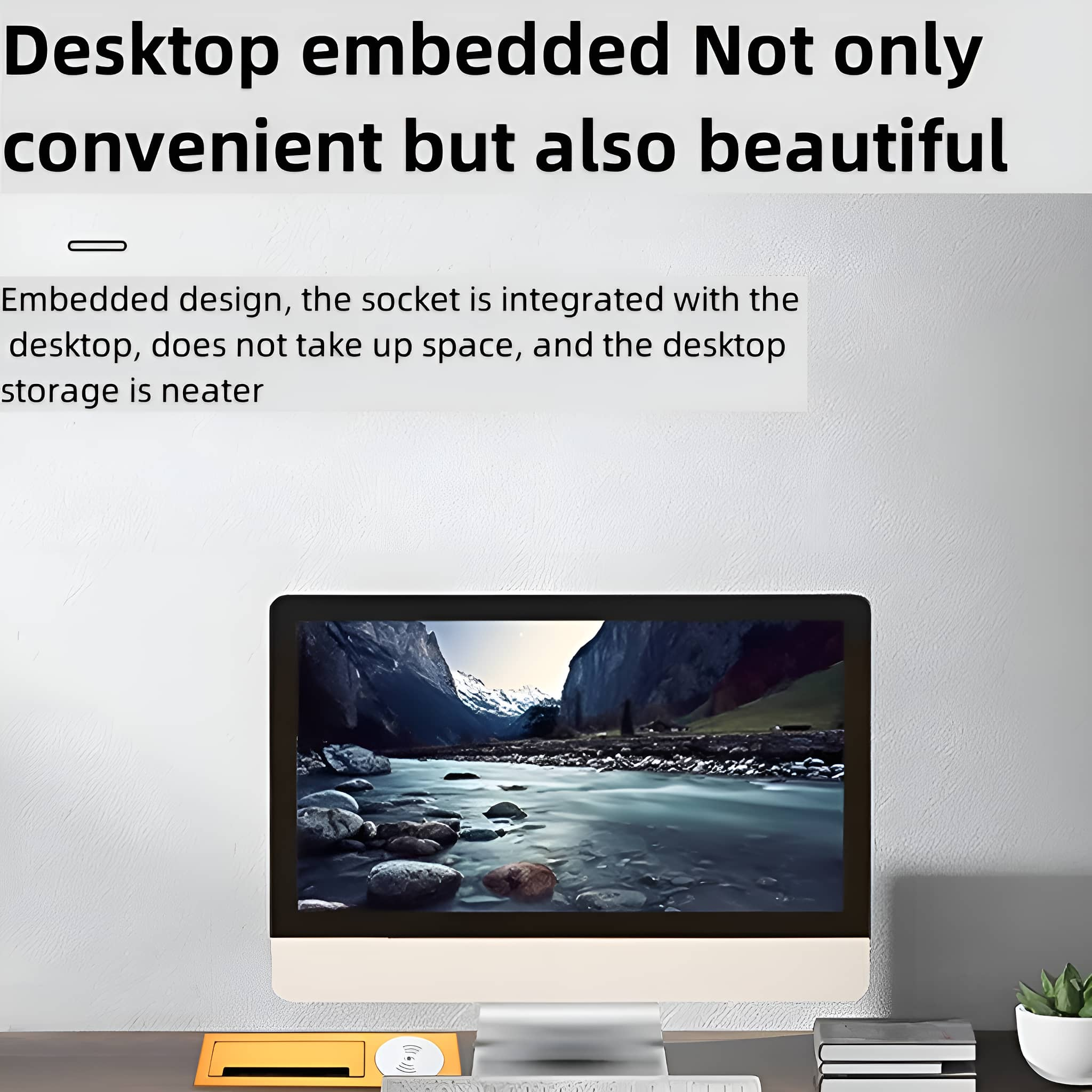 Desktop-Computer mit Monitor, der eine Landschaft zeigt. Text oben. Der Schreibtisch hat Gegenstände darauf.