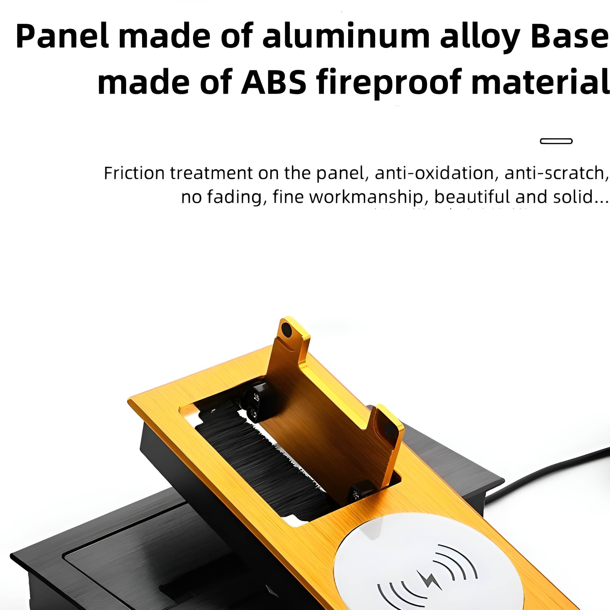 Ein gold-schwarzes Gerät mit Ladefläche, beschrieben als Aluminiumlegierung.