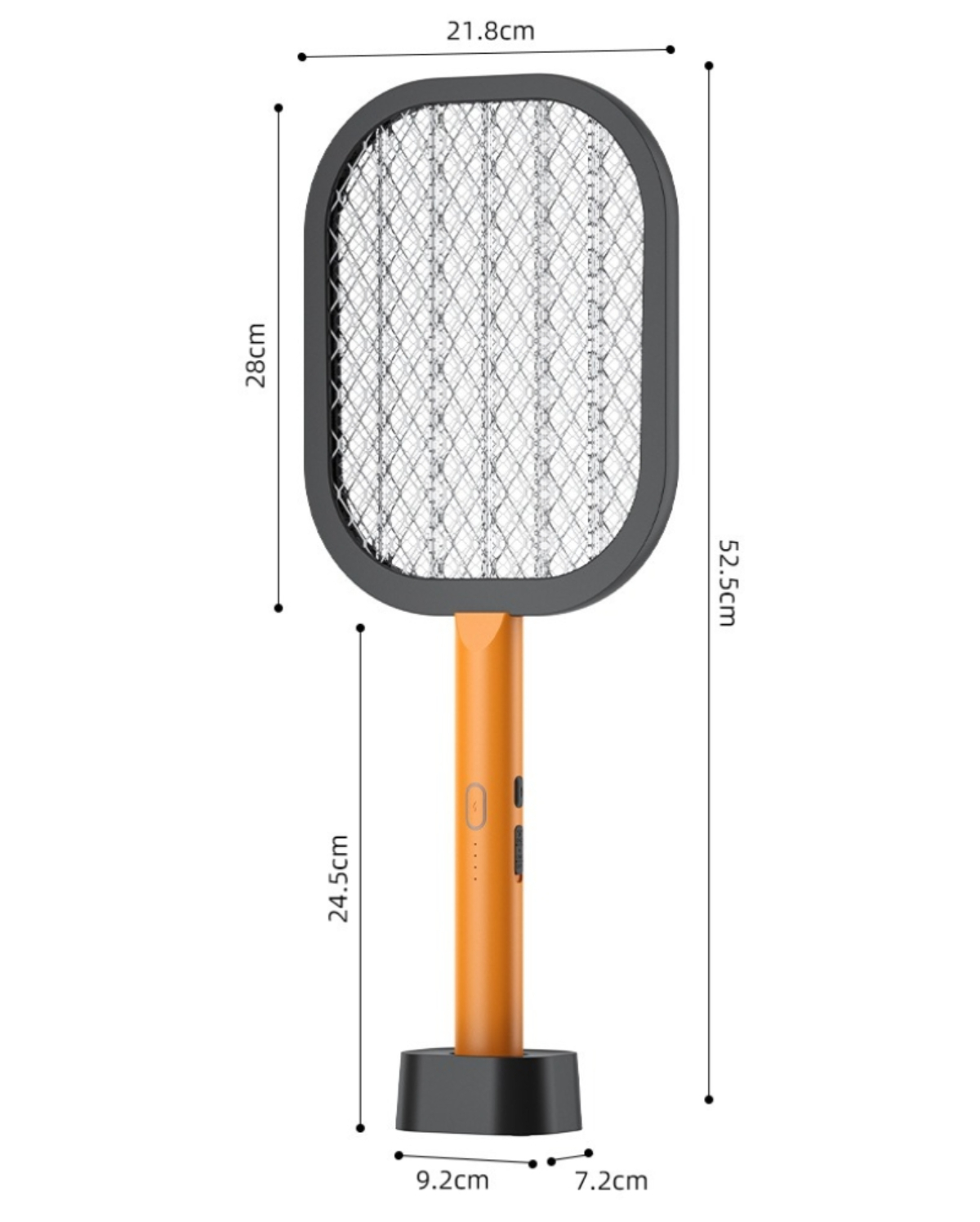 Ein schwarz-oranger elektrischer Fliegenfänger. Er hat einen rechteckigen Kopf mit Gitter.