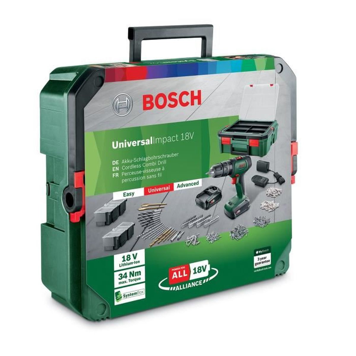 Bosch Akku-Kombi-Bohrschrauber-Set mit Werkzeugen, Bohrer, Akku und Koffer. Grün-schwarzes Farbschema.