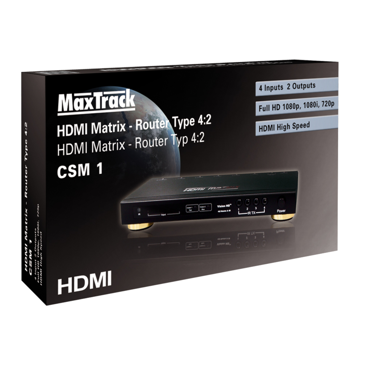 Schwarze HDMI-Matrixbox mit Textbezeichnungen. Die Box zeigt Eingänge, Ausgänge und Strom.