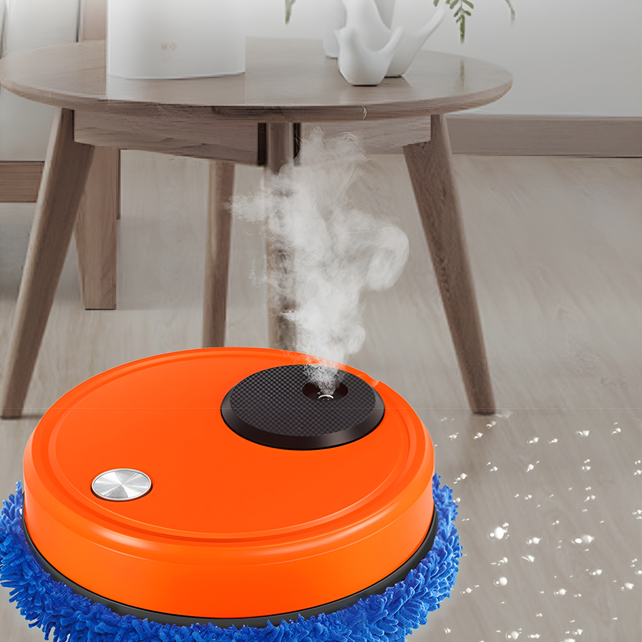 Oranger Roboter-Staubsauger, der einen Boden reinigt. Dampf kommt heraus.