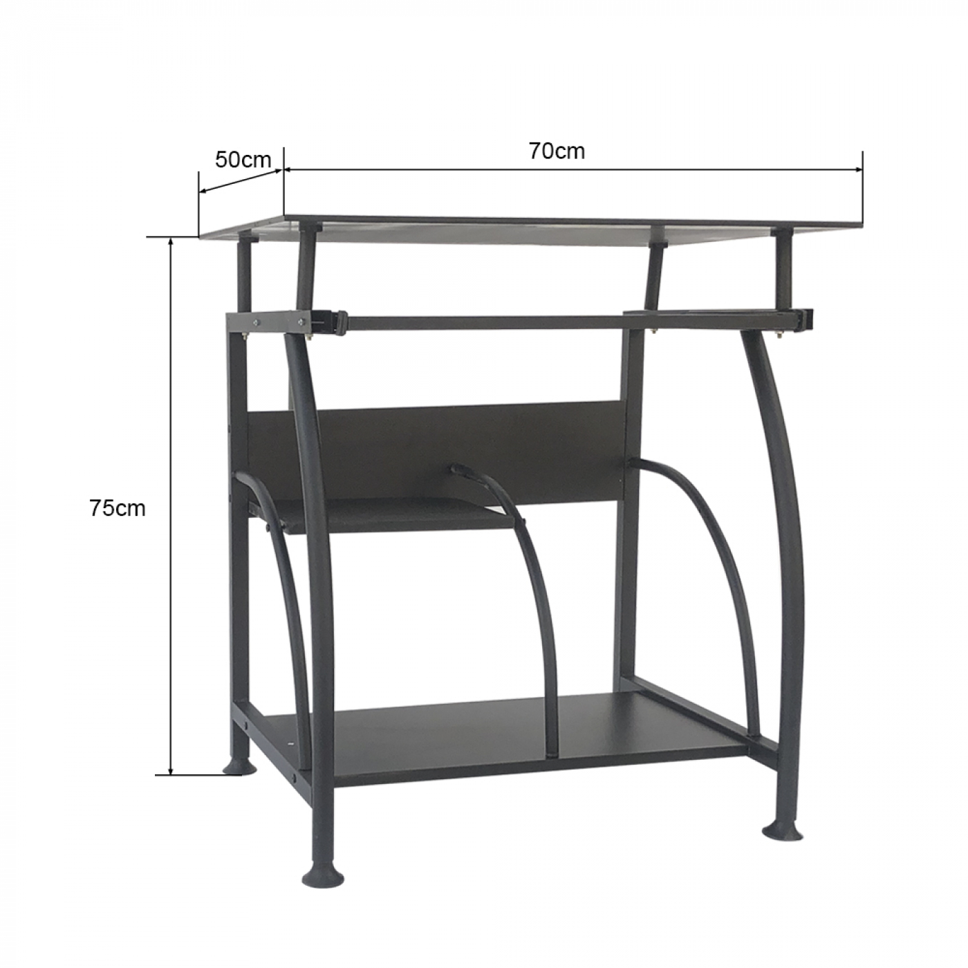 Een zwart computerbureau met afmetingen. Het heeft een bovenste plank, een toetsenbordplank en lagere planken.
