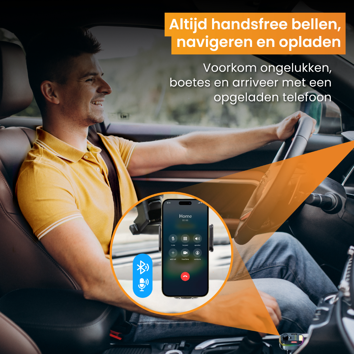 Homme conduisant une voiture utilisant son téléphone. Le téléphone affiche l'écran d'appel avec l'icône Bluetooth.