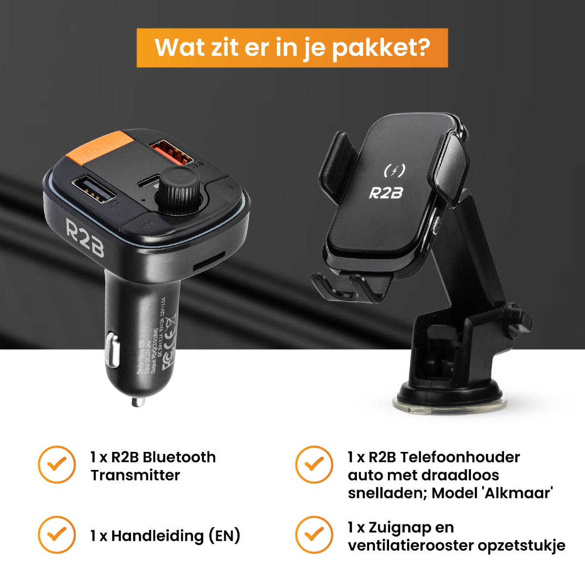 Deux articles: un émetteur Bluetooth R2B noir et un support de téléphone de voiture.