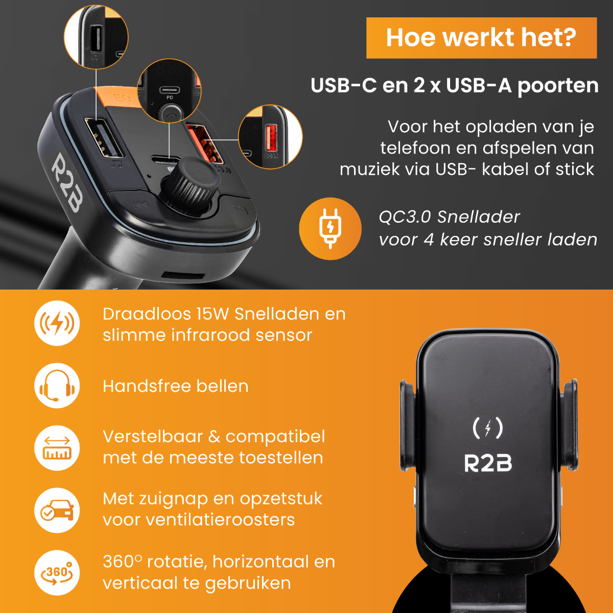 Chargeur de voiture avec ports USB et support de téléphone, avec fonctions.