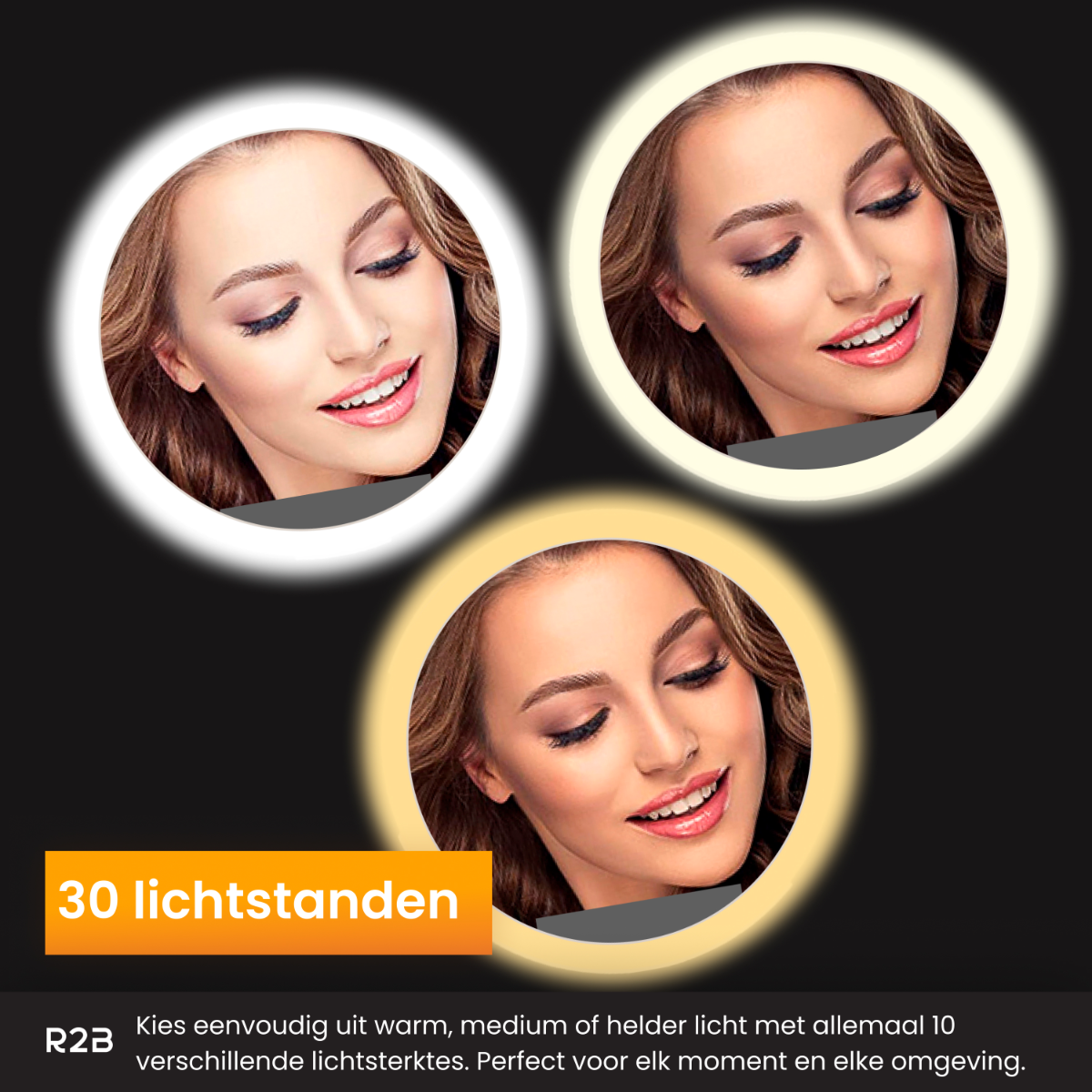 Three women's faces surrounded by different colored illuminated rings. Text reads: '30 light settings'.