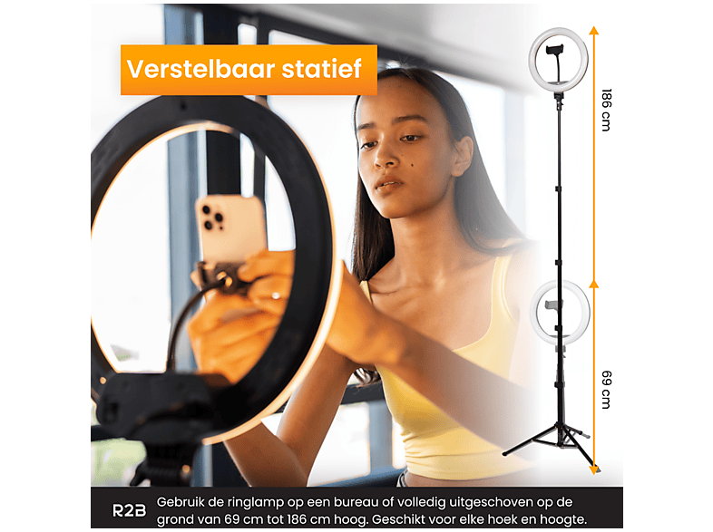 Bamled Ringlamp Met Statief  Verstelbaar  Incl Telefoonhouder En Bluetooth Afstandsbediening   26 Cm 10 Inch  186 Cm Hoog   Usb   Tiktok   Ringlight   Flitser   Ring Lamp   Vlog   Make Up Light   Studiolamp